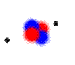 An atom of helium showing the relative positions of the electrons (black) and the protons (red).