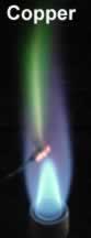 Copper gives a distinct green colour. Click to see a 120 kb movie of the flame test