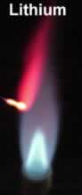 Lithium give a brilliant red colour. Click to see a 120kb movie of the flame test.